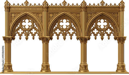 Gold outline vector illustration of Gothic arcade with pointed arches, ornate tracery, quatrefoil and trefoil motifs, fluted columns, and decorative cornice design themes