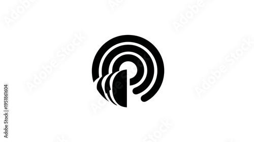 Abstract black and white sound wave icon, modern minimalist podcast and radio signal symbol for audio broadcasting and communication.