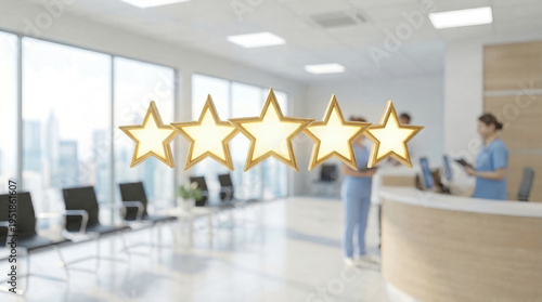 Five star rating symbol over modern hospital clinic reception with medical staff. Healthcare service quality and patient satisfaction concept. Excellence and top performance review in facility