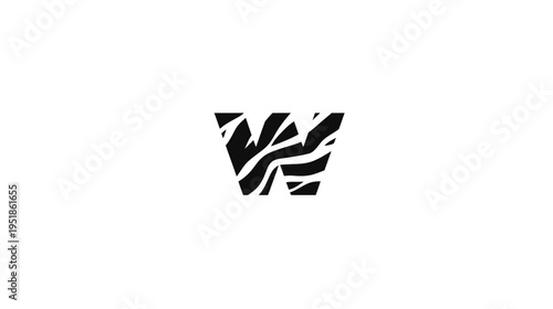 Abstract W letter monogram with organic wavy texture in black and white, modern minimalist initial or typographic design element.