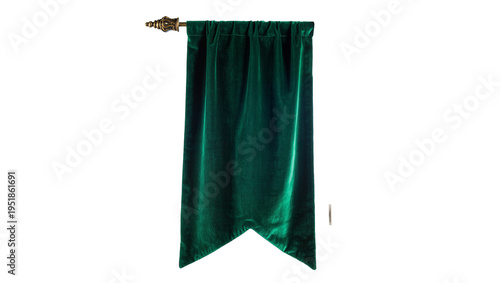 Luxurious dark green velvet banner flag with ornate brass finial rod, isolated PNG on transparent background, elegant decorative textile element