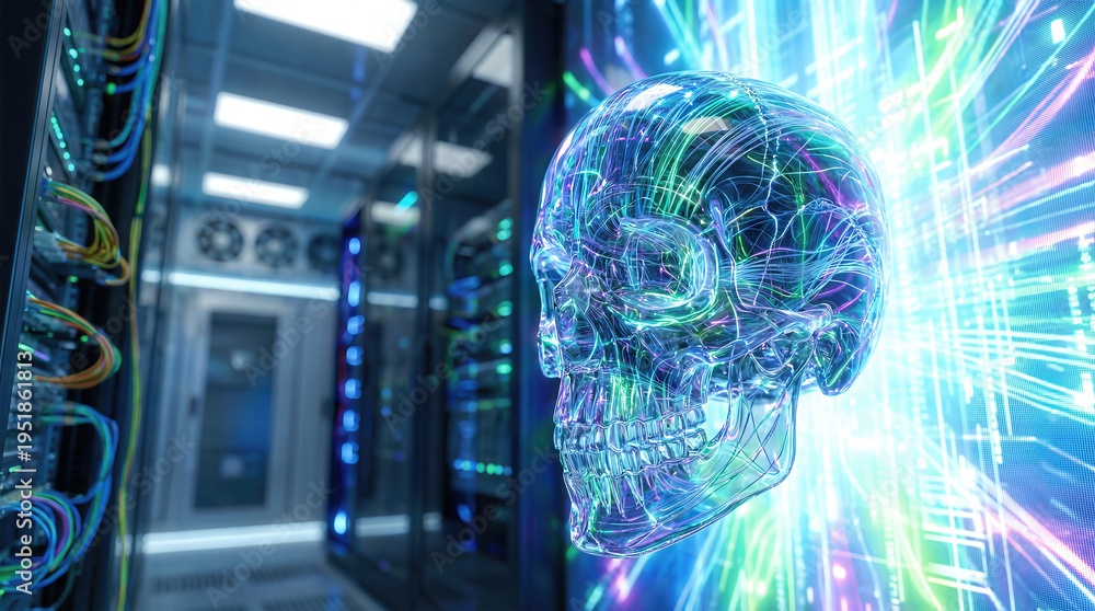 Obraz premium Crystal skull floating in server room datacenter. Ai brain concept with neural network connections and digital data streams. Future technology and machine intelligence abstract visualization