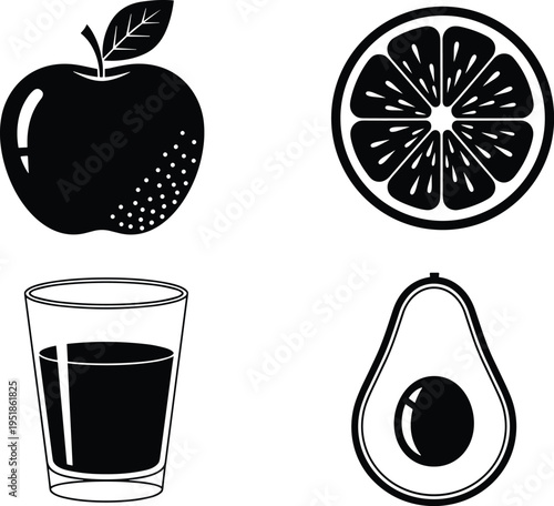 Healthy food illustration set, fruit vegetable artwork, nutrition vector design, bold graphic icon, black white snack symbol