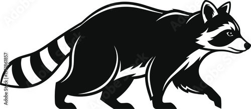 Raccoon illustration, wildlife animal artwork, mascot vector design, bold graphic icon, black white nature symbol