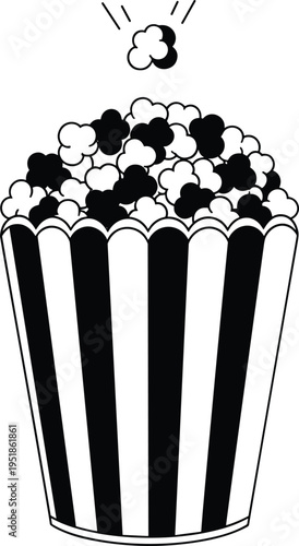Popcorn container illustration, movie snack artwork, entertainment vector design, bold graphic icon, black white food symbol