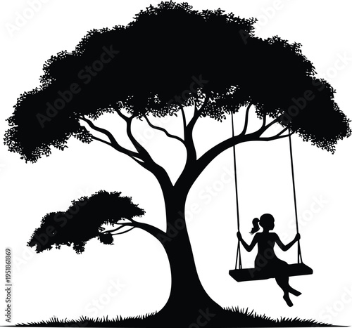 A young girl joyfully swinging on a classic rope swing beneath the lush canopy of a large mature tree silhouette illustration