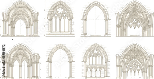 Black silhouette vector illustration of Gothic arches and windows with ornate tracery, clustered columns, and ribbed vaults, symbolizing medieval architecture and decorative design themes