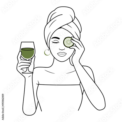 A woman wrapped in a towel holds a glass of green juice in one hand while placing a cucumber slice on her eye.