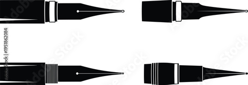 Fountain pen nib illustration set, calligraphy artwork, writing vector design, bold graphic icon, black white stationery symbol