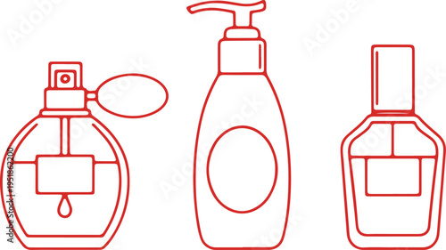 Three different types of liquid dispenser bottle designs illustrated in red outline