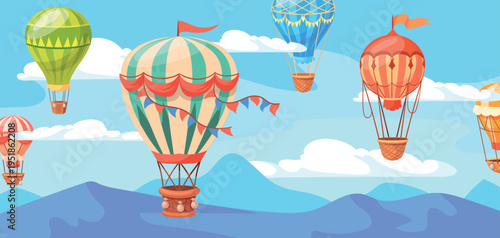 Hot air balloons flying sky. Vintage colorful aerostat fly in cloud heavens cartoon landscape, retro aerial travel transport airship balloon background, neat vector illustration