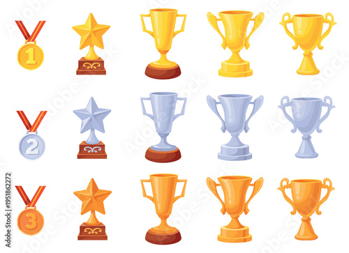 Silver bronze trophy cups. Golden cup trophies win first second third place sport game competition awards ceremony, consolation prize winner reward cartoon neat vector illustration