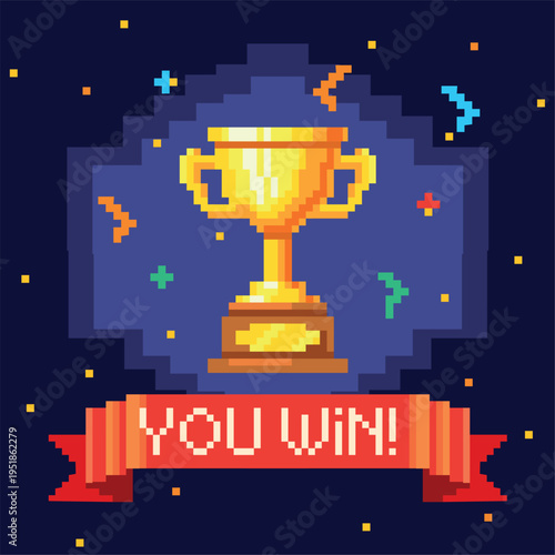 Pixel trophy banner. Winner golden cup, you win ribbon video game screen confetti vintage arcade machine old computer 8 bit monitor level victory prize, neat vector illustration