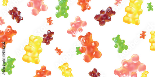 Falling gummy bears. Flying candy jelly bear, 3d isolated sweet chewy snack background colorful fruity mix sugar gum pattern fall motion realistic candies exact vector illustration