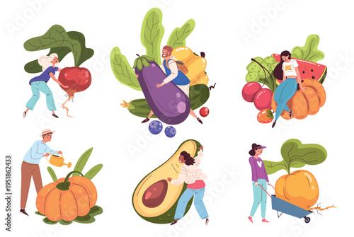 Tiny people vegetables. Person fruit vegetable healthy food, vegan diet vegetarian salad ingredient cucumber avocado mushroom organic farm agriculture classy vector illustration