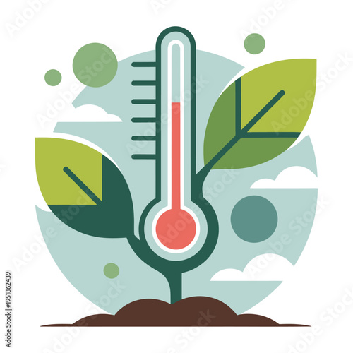 climate change concept with thermometer and green leaves modern vector illustration representing global warming temperature rise environmental impact sustainability ecology and nature protection