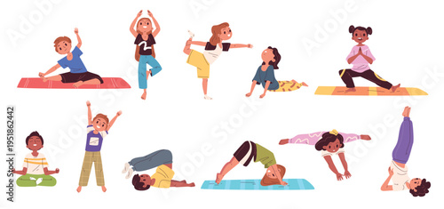 Children yoga exercises. Kid stretching exercise, child fitness sport gym asana pose balance mat activity movement training baby boy girl toddler cartoon classy vector illustration