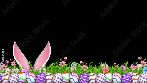 Pink rabbit ears and vibrant eggs are nestled among spring blossoms and green grass. This composition is set against a solid black background for emphasis.