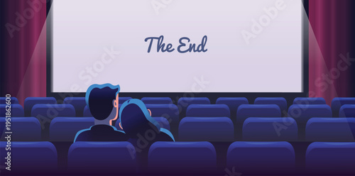 Couple cinema hall. Movie theater romantic date, man and woman watching love film sitting on chair seats rear back view empty theatre room end screen, classy vector illustration