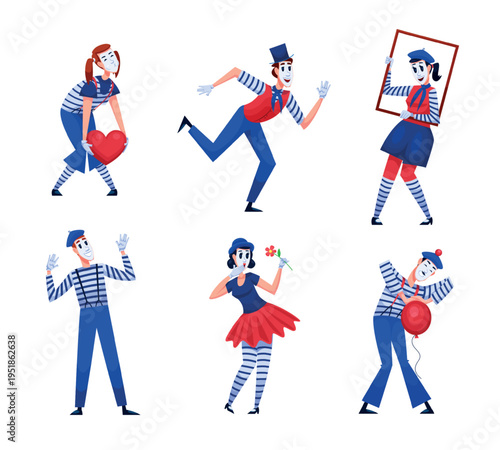 Mime actors. Pantomime actor circus character, french street performer silent mimic gesture clown costume beret france paris comedy theatre show, qualitative vector illustration
