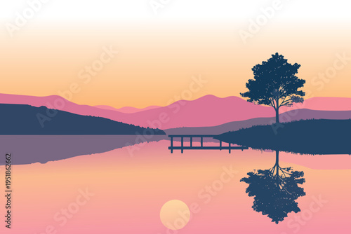 Sunset and sunrise over a calm lake with trees and reflections