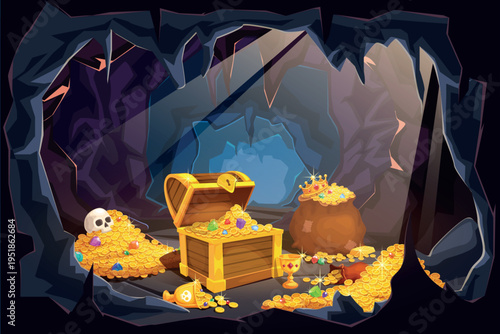 Cave pirate treasure. Gold treasures chest hidden mountain rock trove entrance cartoon background, coin gemstone pile game dungeon scene old treasury ingenious vector illustration