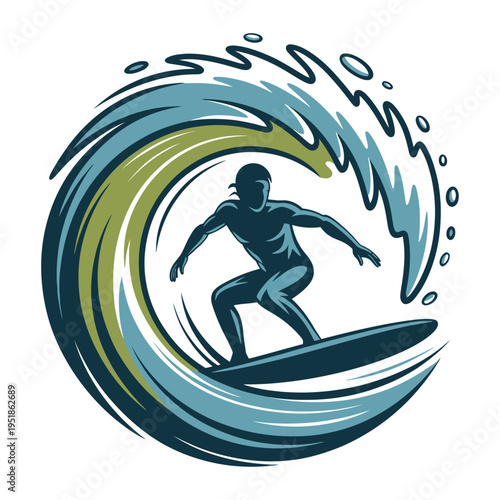 dynamic surfer riding powerful ocean wave vector illustration with flowing water motion and modern stylized design capturing energy adventure and extreme sports action isolated on clean background