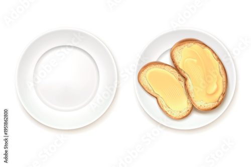 Realistic toast on plate. Butter bread french toast in dish top view, delicious breakfast bread margarine buttered sandwich cooking food 3d isolated garish vector illustration