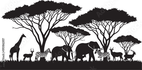 African savanna wildlife scene with trees and grazing animals