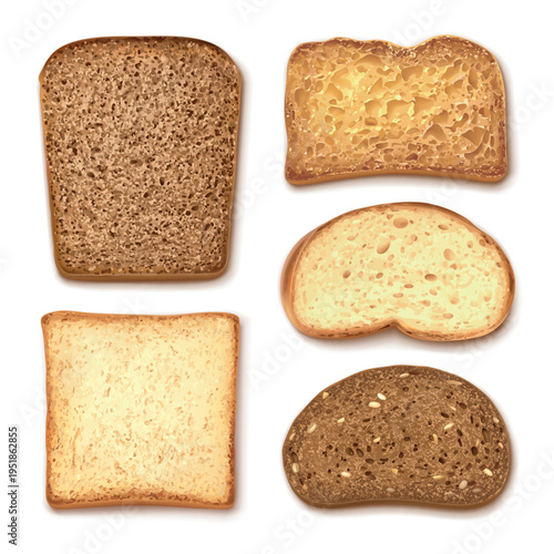 Realistic bread brown toasts. Wheat rye bran sourdough bread with grain different toast top view, breakfast healthy food sandwich piece, 3d isolated set garish vector illustration