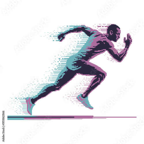dynamic running athlete with glitch motion effect futuristic speed concept colorful vector illustration fast sprint action isolated modern digital style for fitness and performance themes