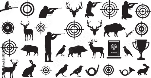 Hunting silhouettes depicting animals targets and sportsman activities