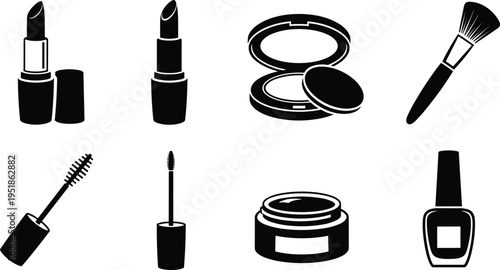 Black and white silhouette icons of essential makeup and cosmetic products including lipstick, mascara, compact powder, brush, cream jar, and nail polish for beauty branding design