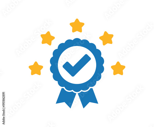 Blue ribbon award with check mark and five stars, representing quality and success, isolated on transparent background vector
