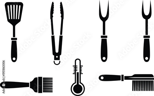 Black silhouette icons of barbecue and grilling tools including spatula, tongs, meat forks, basting brush, thermometer, and grill cleaning brush for cooking design