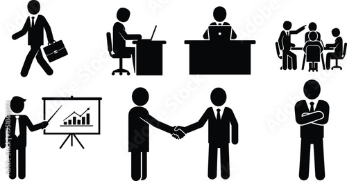 Black silhouette icons of business activities including office work, meeting, presentation, handshake, manager, teamwork, and commuting representing corporate 
