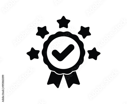 Black ribbon award with check mark and five stars, representing quality and success, isolated on transparent background vector