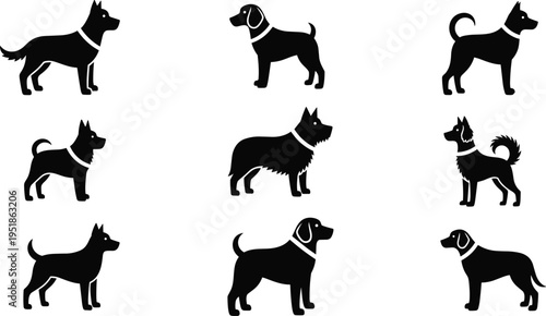 Black silhouette icons of different dog breeds in profile view with collars, showcasing varied shapes, tails, ears, and fur for pet design and illustration