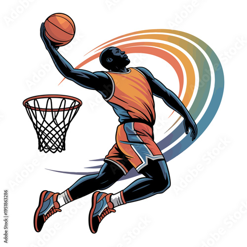 colorful vector illustration of basketball player performing slam dunk symbolizing sport action energy athletic performance competition motion dynamic movement and game concept