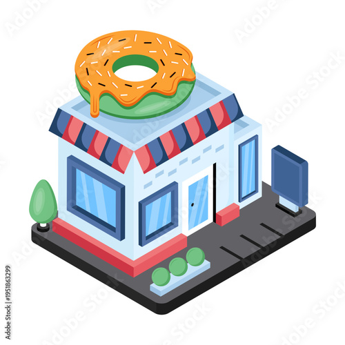An isometric design icon of donut shop