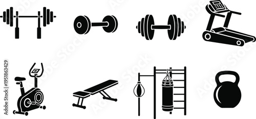 Black silhouette icons of gym and fitness equipment including barbell rack, dumbbell, treadmill, exercise bike, workout bench, boxing setup, and kettlebell for training design