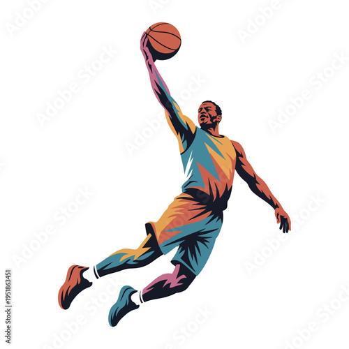 colorful vector illustration of basketball player performing powerful dunk in mid air showing athletic strength speed and dynamic motion isolated on clean background
