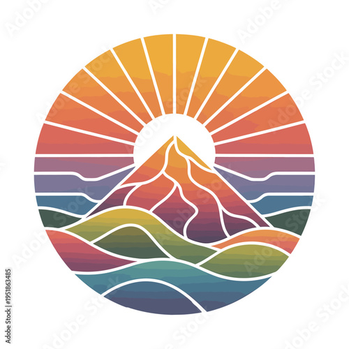 colorful mountain landscape with rising sun and layered hills vector illustration in modern gradient style showcasing nature scenery sunrise energy