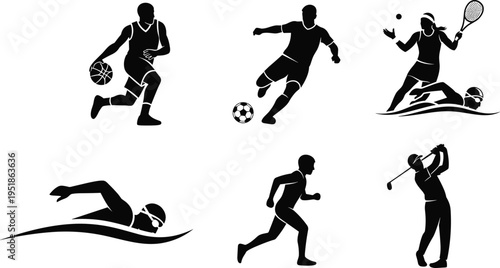 Black silhouette icons of sports activities including basketball, soccer, tennis, swimming, running, and golf for athletic, fitness, and recreational design illustration