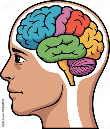 Human head profile with brain exposed in different colored lobes, side view, educational diagram
