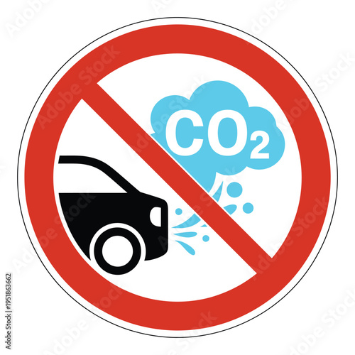 Stop vehicle carbon dioxide emission sign featuring car and blue exhaust smoke for environmental pollution prevention awareness