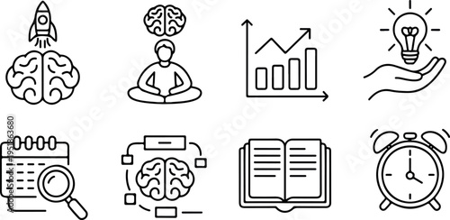 Mental productivity and business growth line icons set with brain rocket and data chart for strategic design