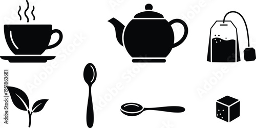 Black silhouette icons of tea elements including cup, teapot, tea bag, leaves, spoon, and sugar cube representing tea culture and beverage preparation illustration