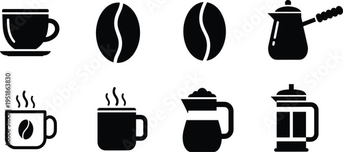 Minimalist black coffee icons collection featuring cups, beans, cezve, mugs, carafe, and French press, perfect for café branding, menu design, and beverage illustration.