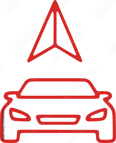 Mercedes-benz logo and a stylized depiction of a sedan car in red outline